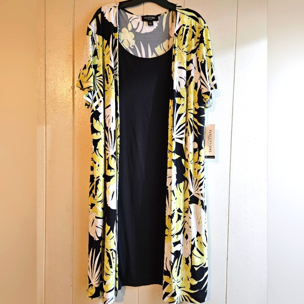 Perceptions New York Black Dress W/attached Green, White, Black Cover - Size 2X